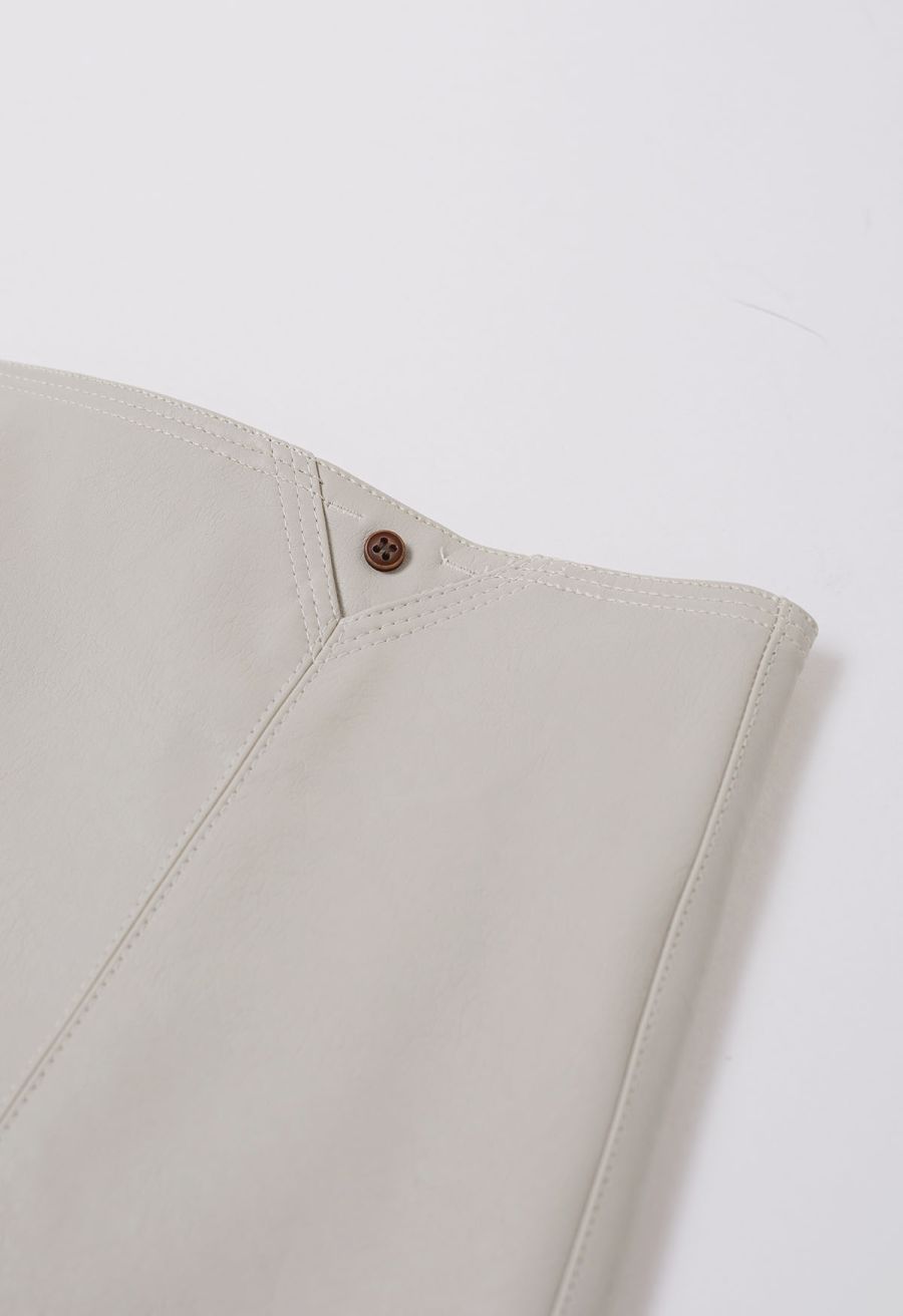 Button Trimmed Faux Leather Mini Skirt in Ivory