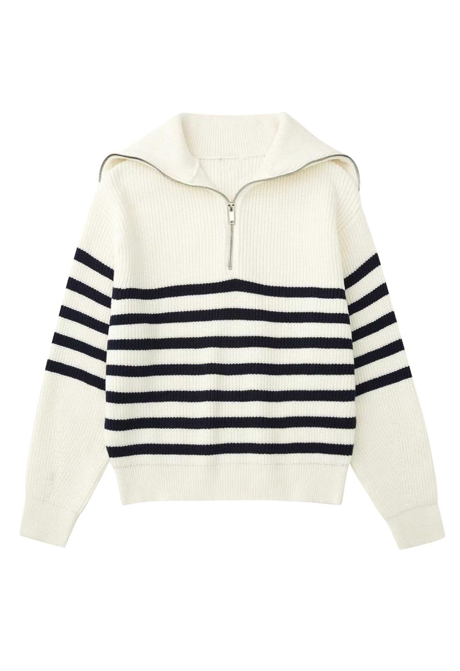 Flap Collar Zipper Neck Striped Knit Sweater in Ivory