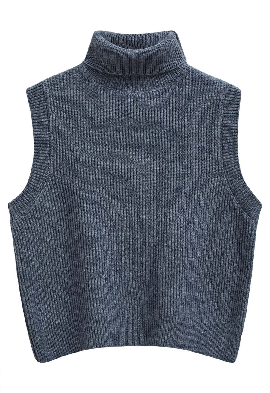 Solid Turtleneck Knit Vest in Smoke