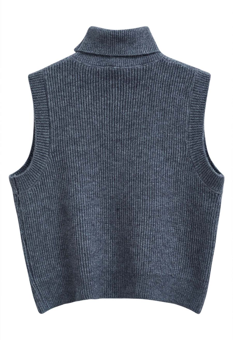 Solid Turtleneck Knit Vest in Smoke