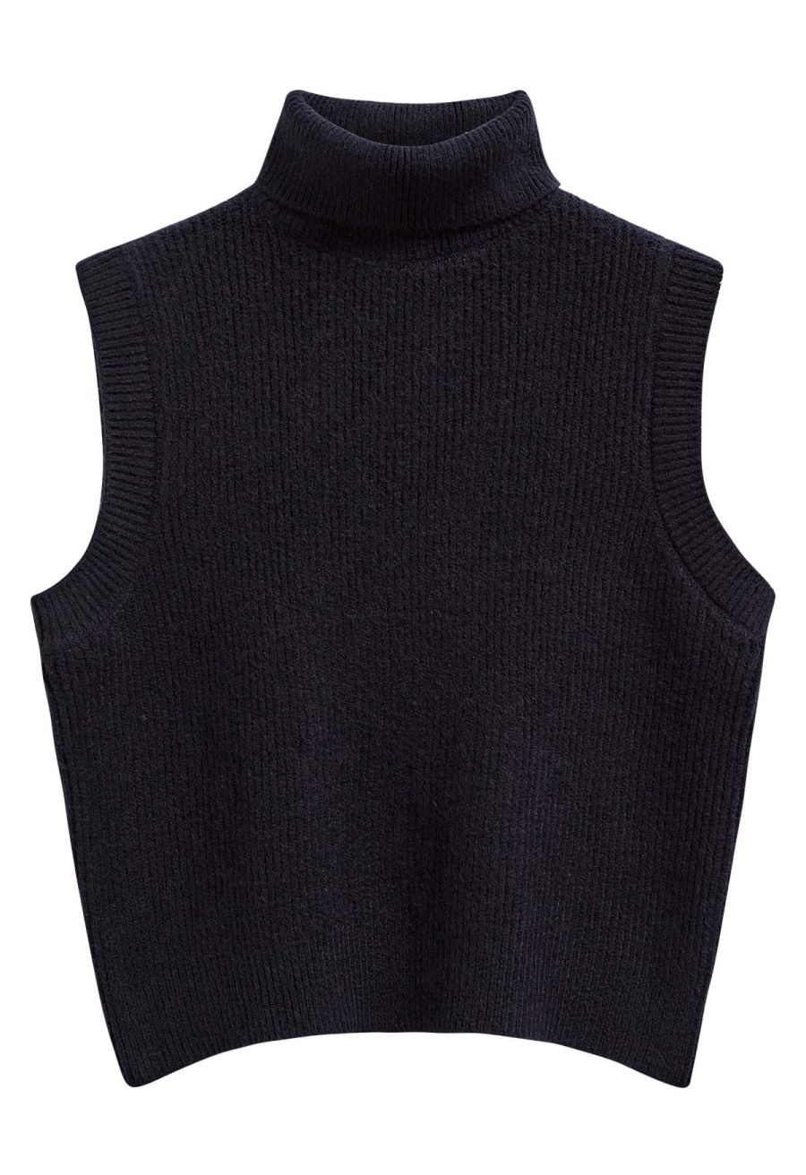 Solid Turtleneck Knit Vest in Black