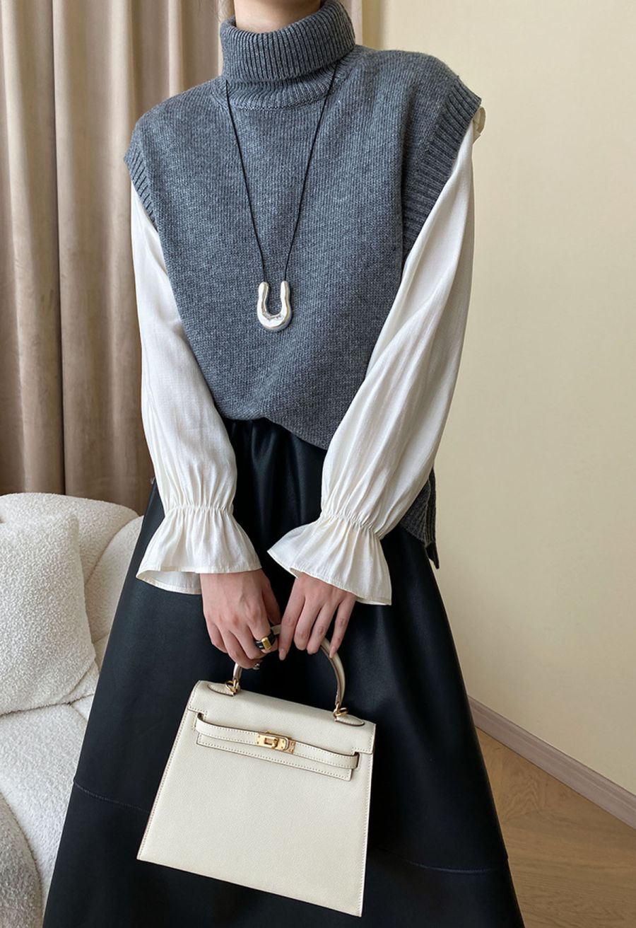 Solid Turtleneck Knit Vest in Smoke