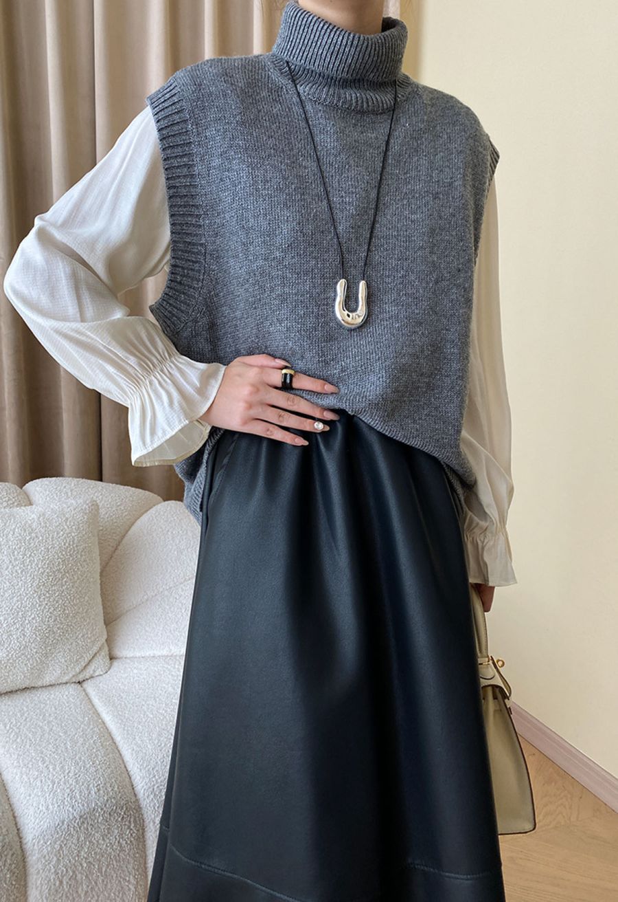 Solid Turtleneck Knit Vest in Smoke