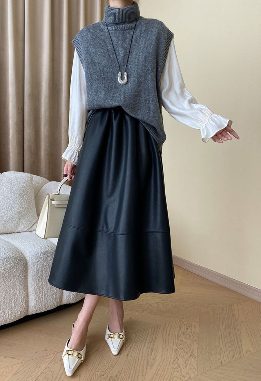 Solid Turtleneck Knit Vest in Smoke