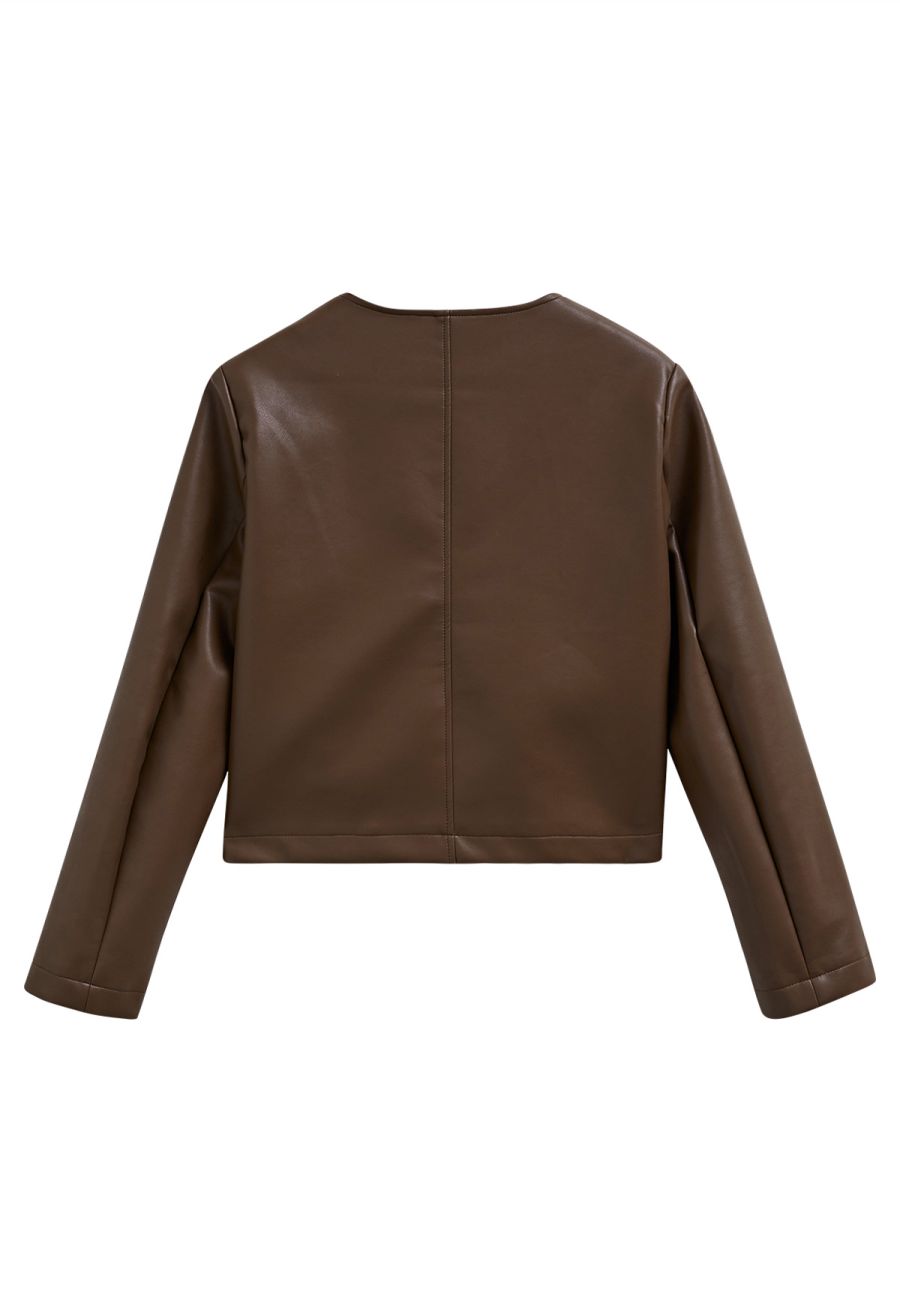 Faux Leather Buttoned Cropped Jacket in Brown