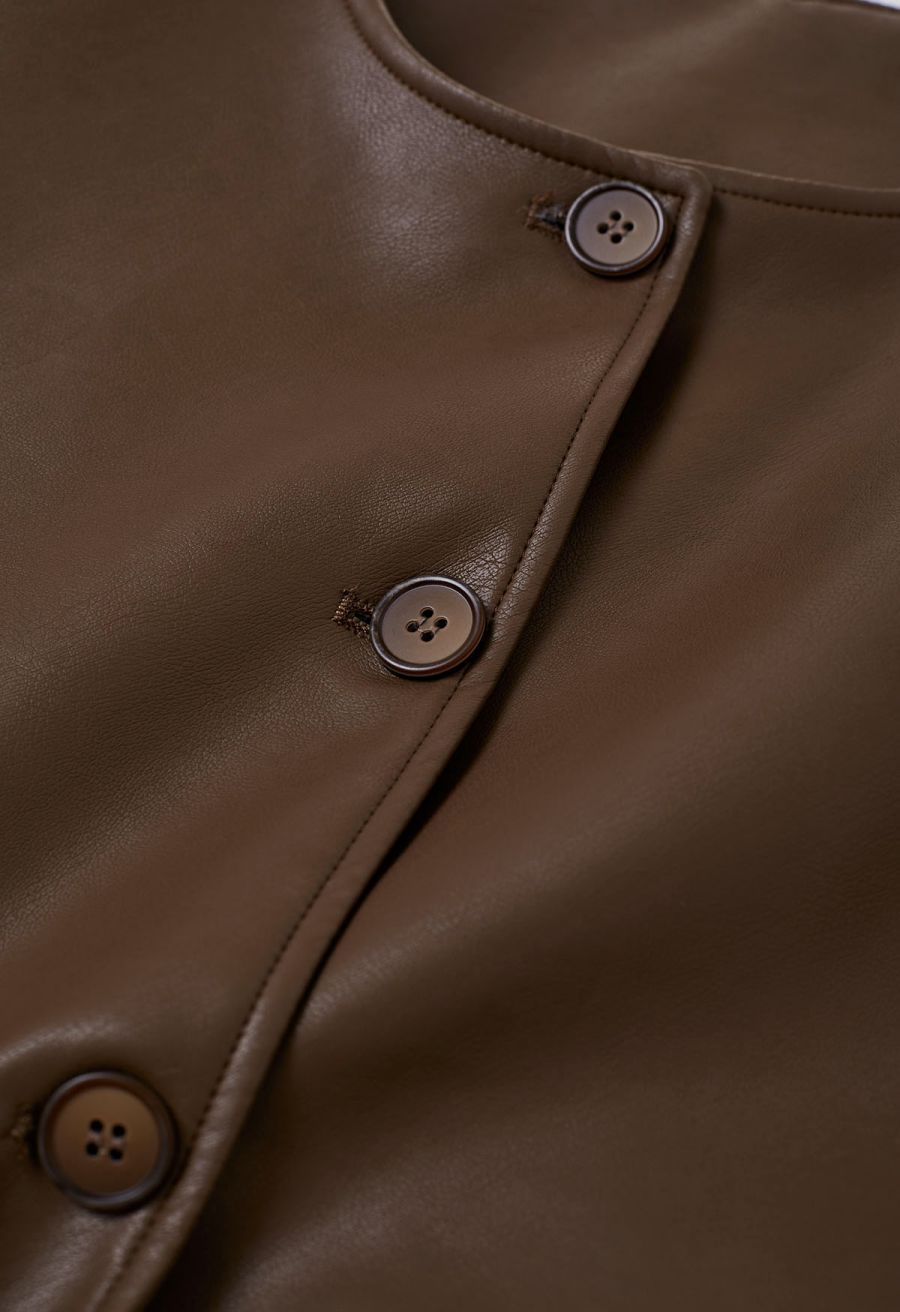 Faux Leather Buttoned Cropped Jacket in Brown