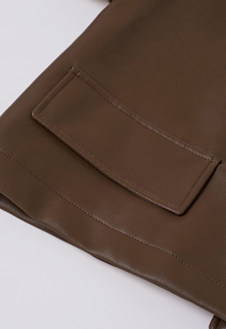 Faux Leather Buttoned Cropped Jacket in Brown