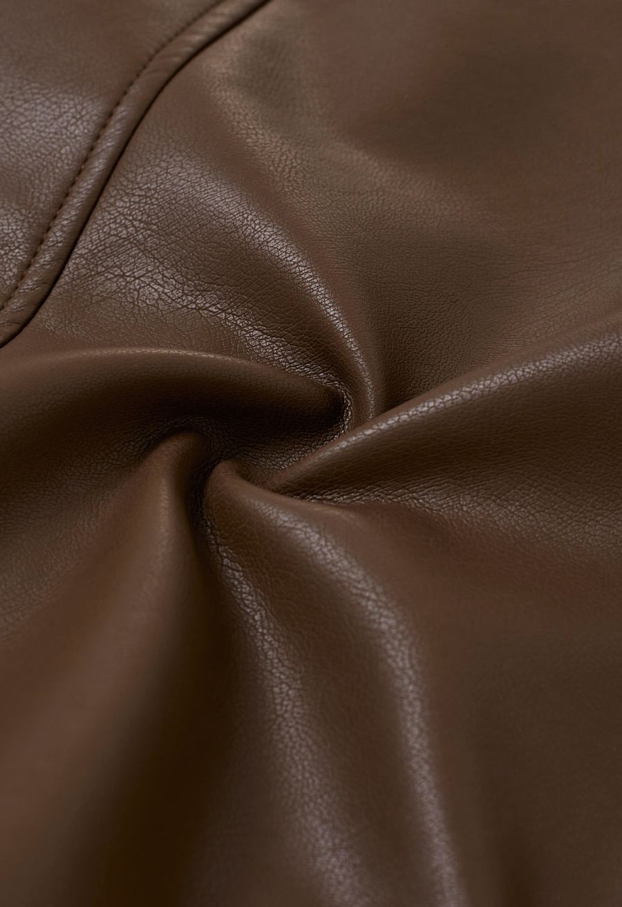 Faux Leather Buttoned Cropped Jacket in Brown