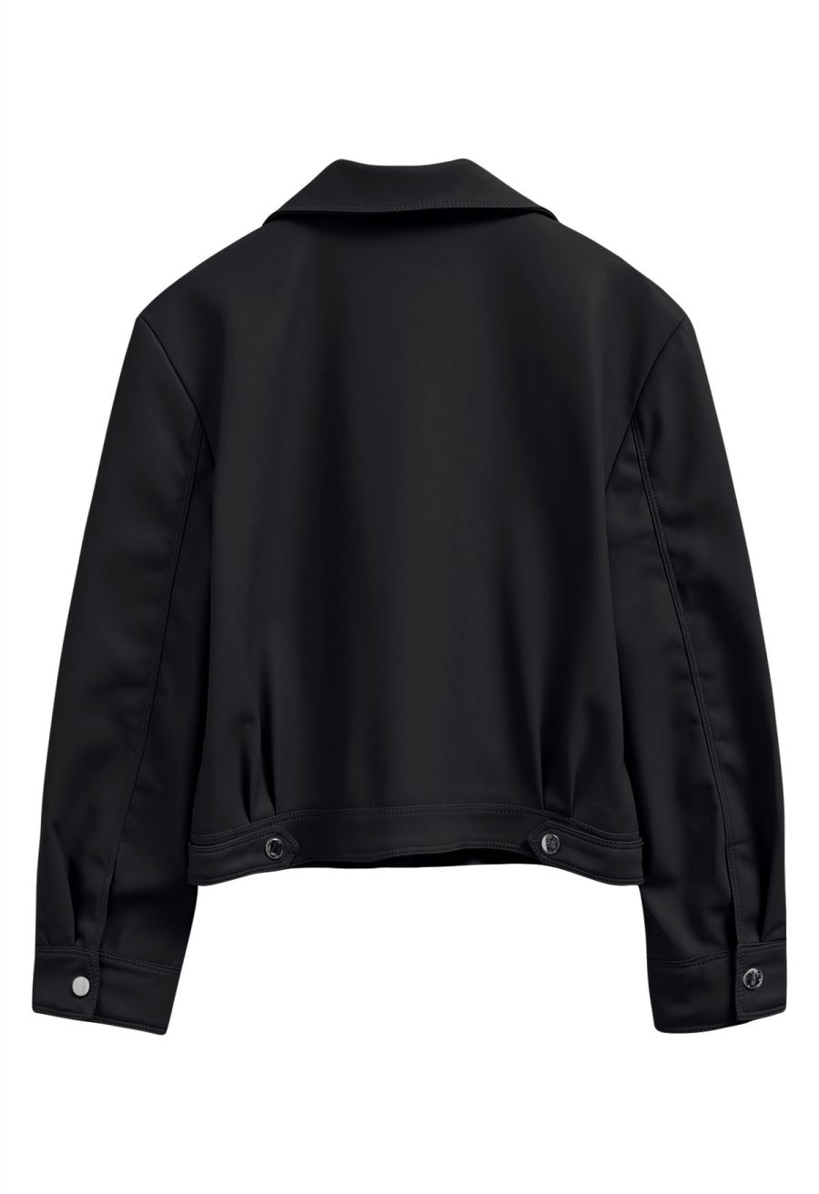 Diagonal Zip Up Faux Leather Jacket in Black