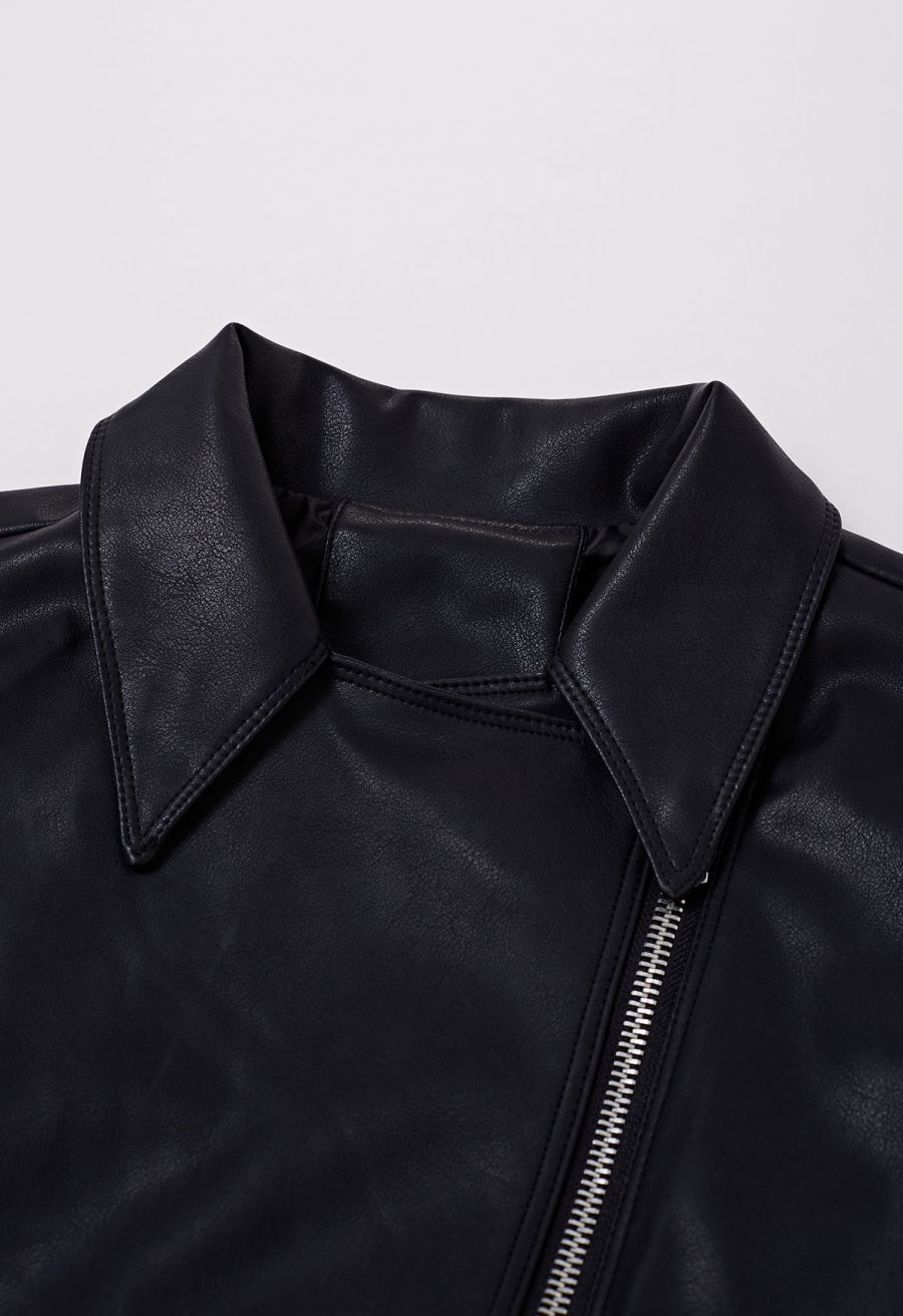 Diagonal Zip Up Faux Leather Jacket in Black