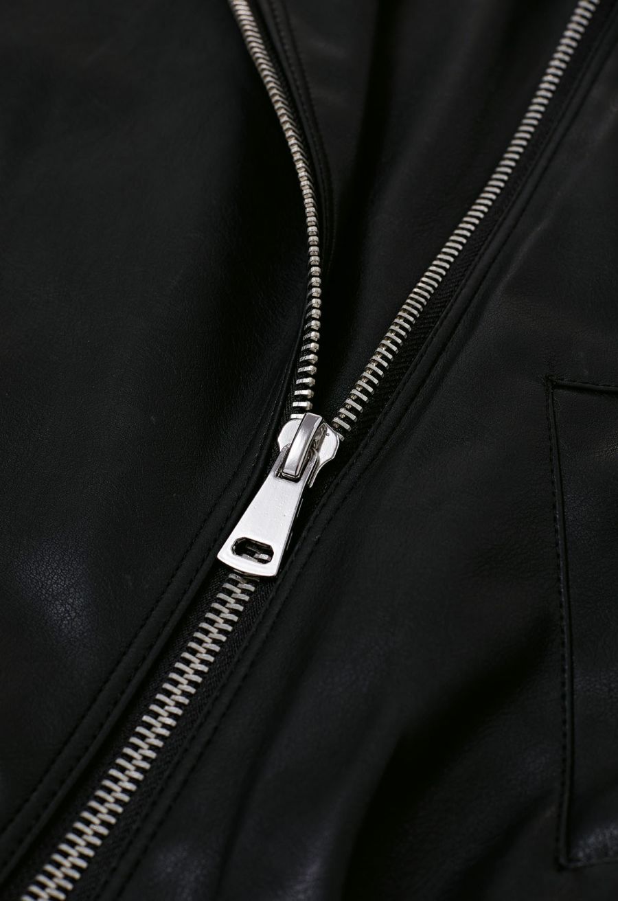 Diagonal Zip Up Faux Leather Jacket in Black