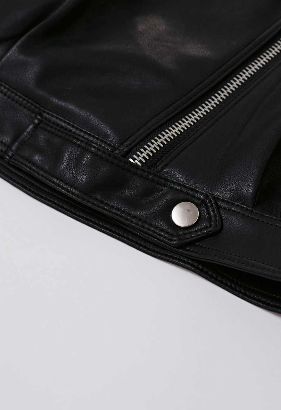 Diagonal Zip Up Faux Leather Jacket in Black