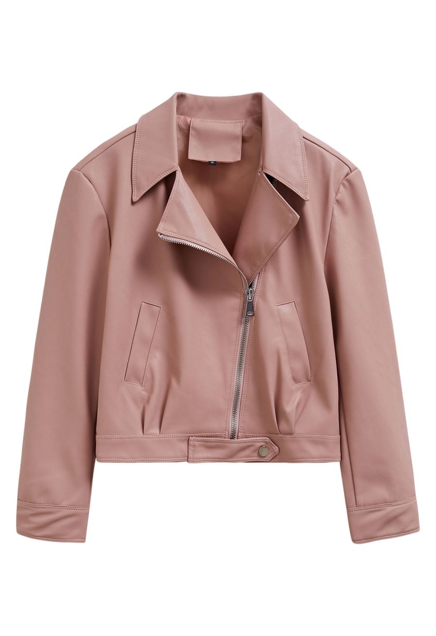 Diagonal Zip Up Faux Leather Jacket in Pink