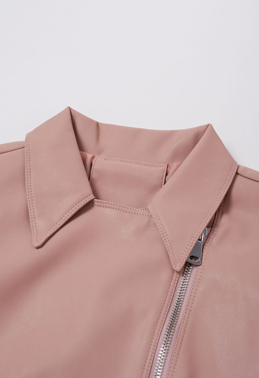 Diagonal Zip Up Faux Leather Jacket in Pink