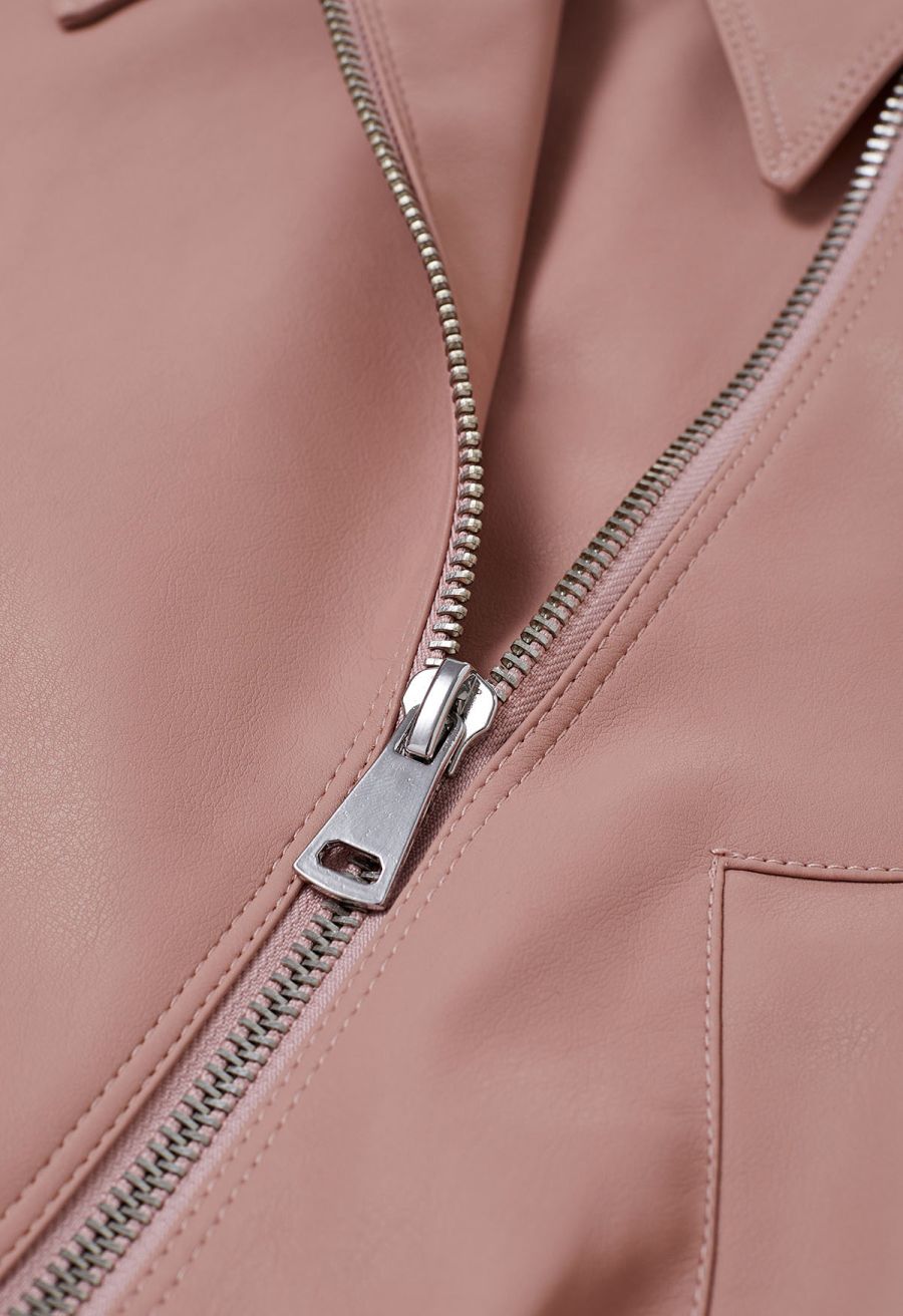 Diagonal Zip Up Faux Leather Jacket in Pink