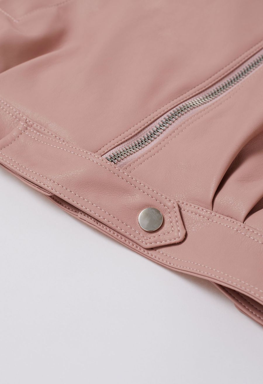 Diagonal Zip Up Faux Leather Jacket in Pink