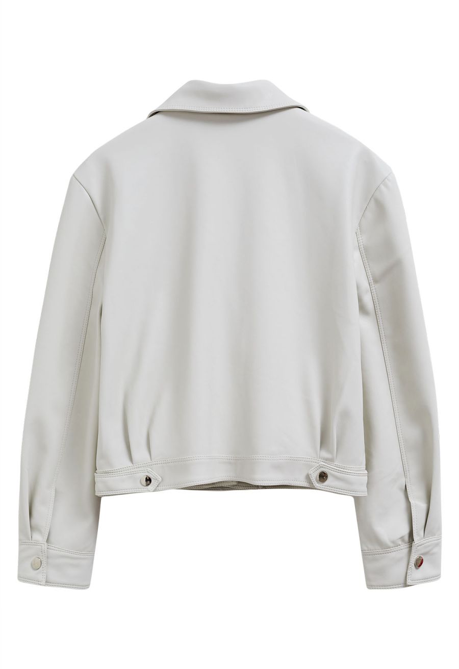 Diagonal Zip Up Faux Leather Jacket in Ivory