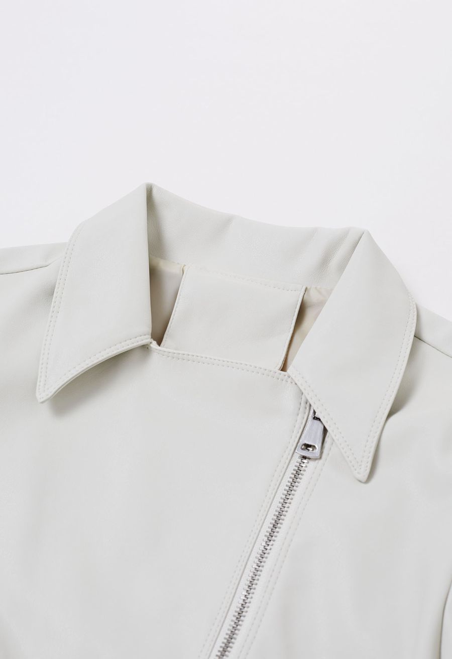 Diagonal Zip Up Faux Leather Jacket in Ivory