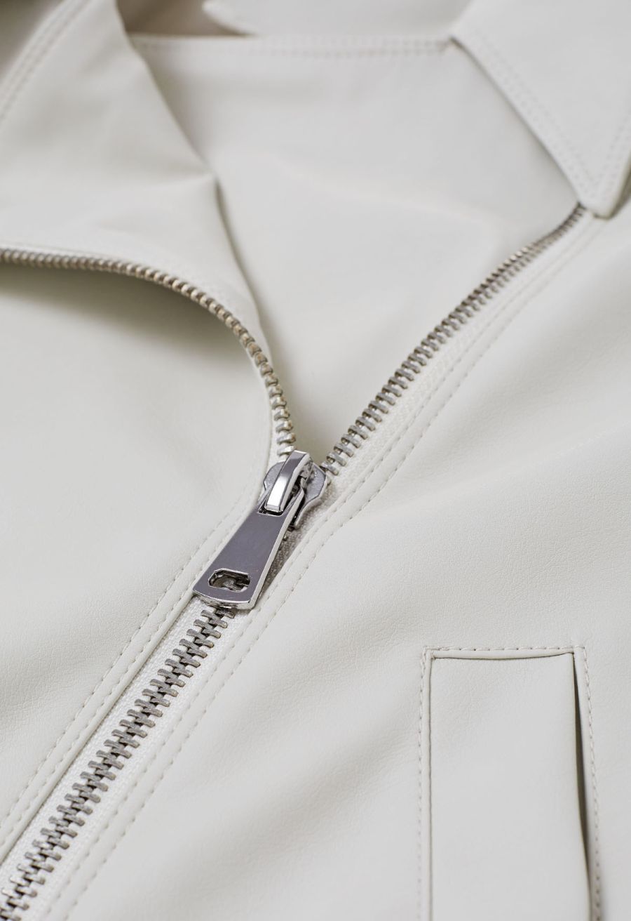 Diagonal Zip Up Faux Leather Jacket in Ivory