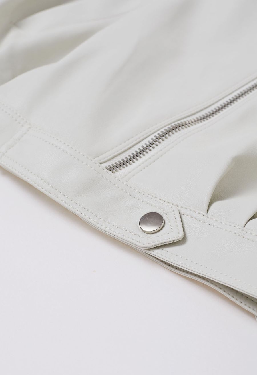 Diagonal Zip Up Faux Leather Jacket in Ivory