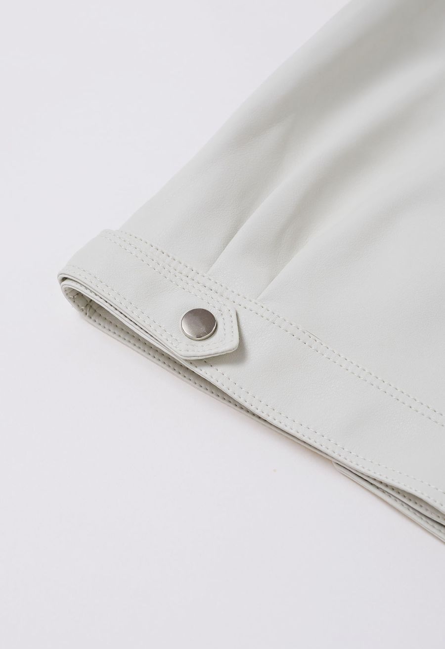 Diagonal Zip Up Faux Leather Jacket in Ivory