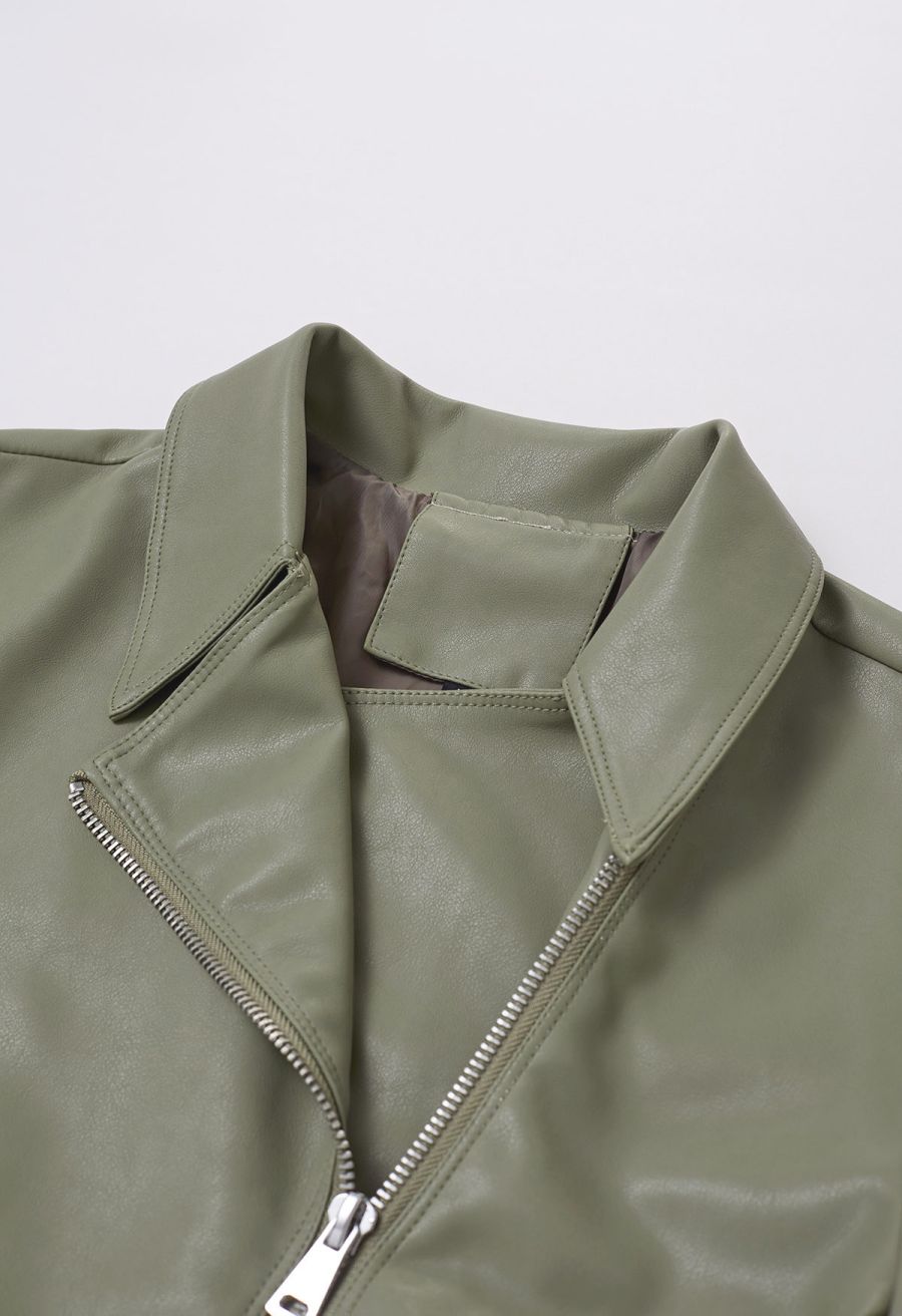 Diagonal Zip Up Faux Leather Jacket in Olive