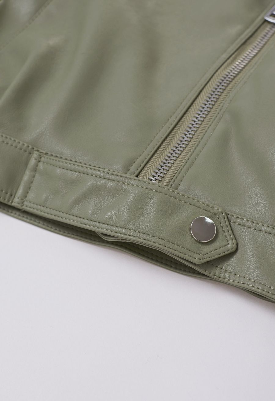 Diagonal Zip Up Faux Leather Jacket in Olive