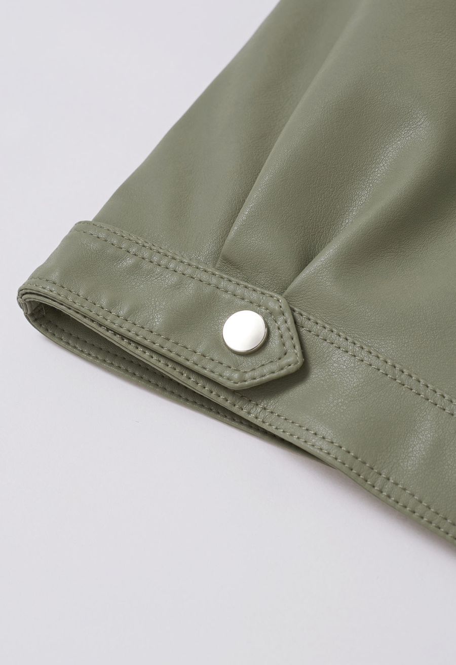 Diagonal Zip Up Faux Leather Jacket in Olive