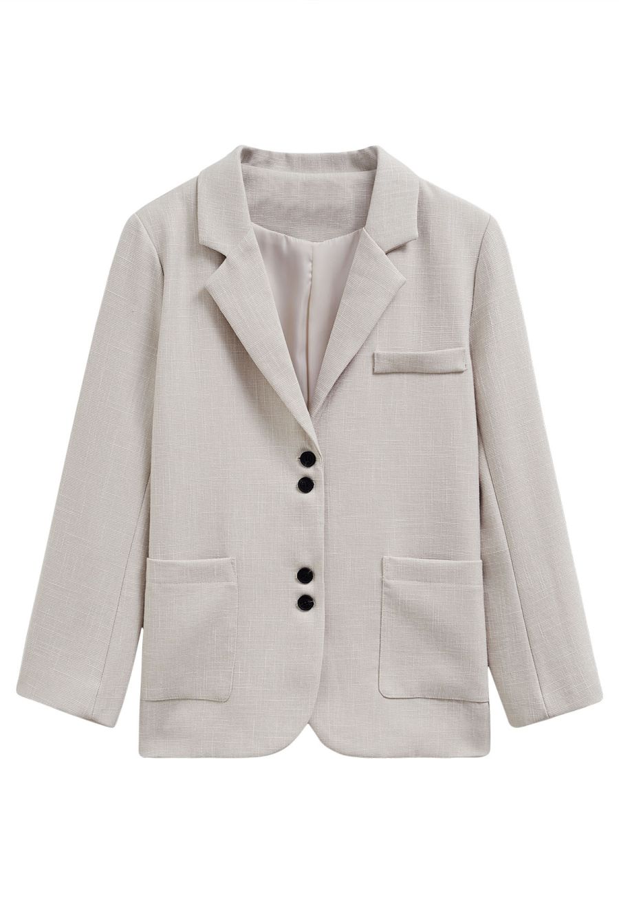Patch Pocket Woven Texture Buttoned Blazer in Ivory