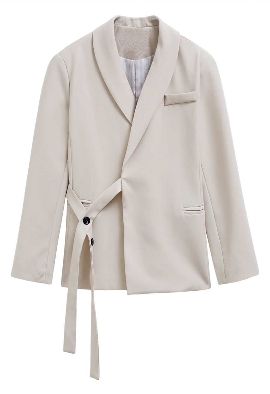 Shawl Collar Buttoned Waist Blazer in Ivory