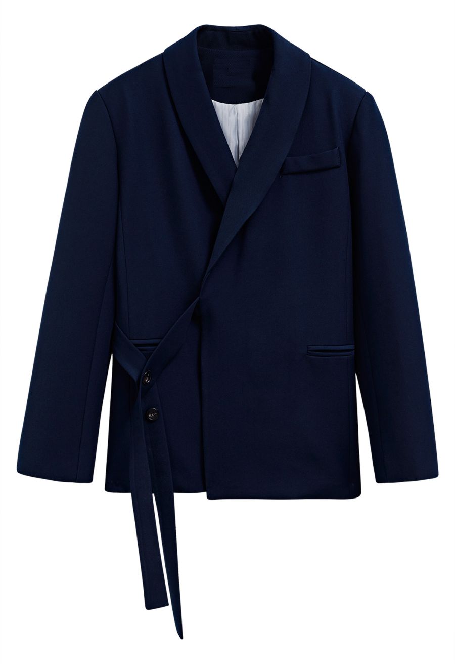 Shawl Collar Buttoned Waist Blazer in Navy