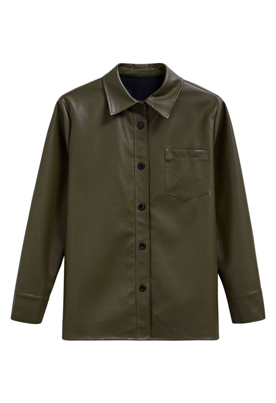 Casual Chic Faux Leather Shirt Jacket in Olive