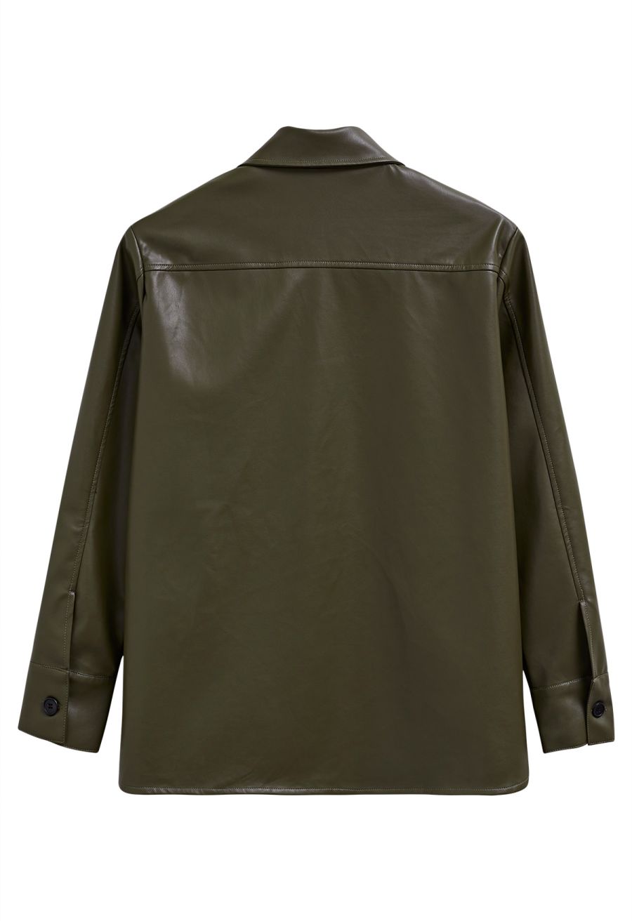 Casual Chic Faux Leather Shirt Jacket in Olive