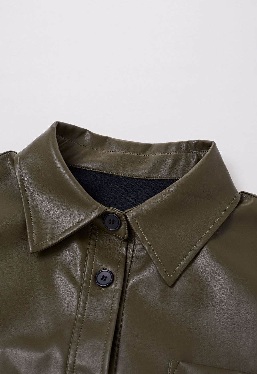 Casual Chic Faux Leather Shirt Jacket in Olive