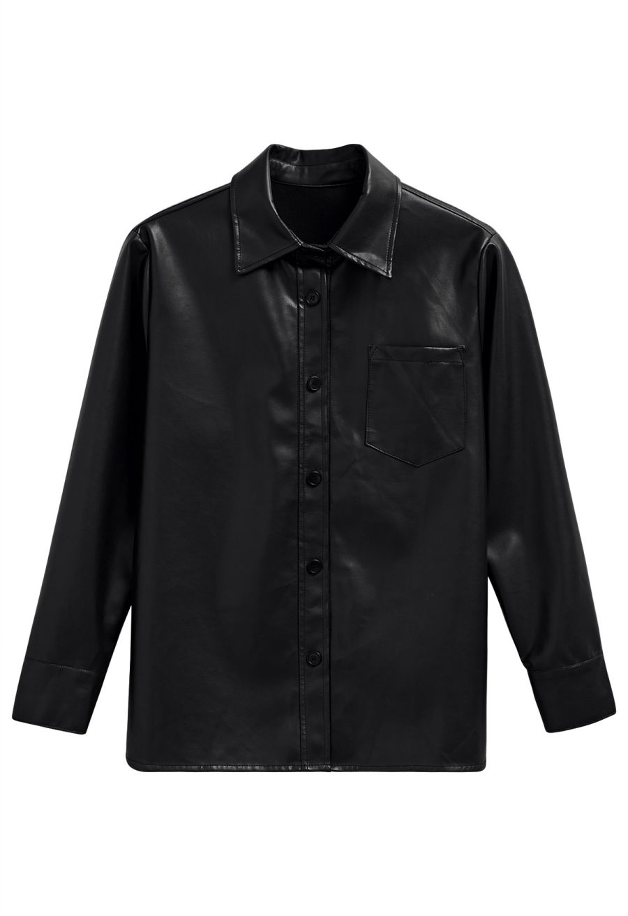 Casual Chic Faux Leather Shirt Jacket in Black