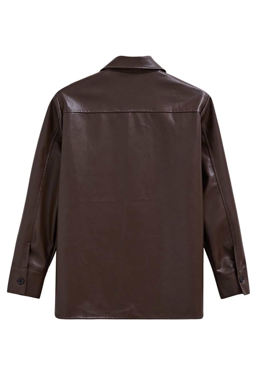 Casual Chic Faux Leather Shirt Jacket in Brown