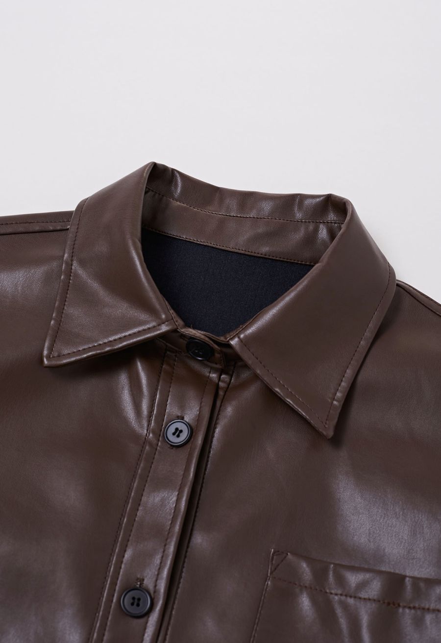 Casual Chic Faux Leather Shirt Jacket in Brown