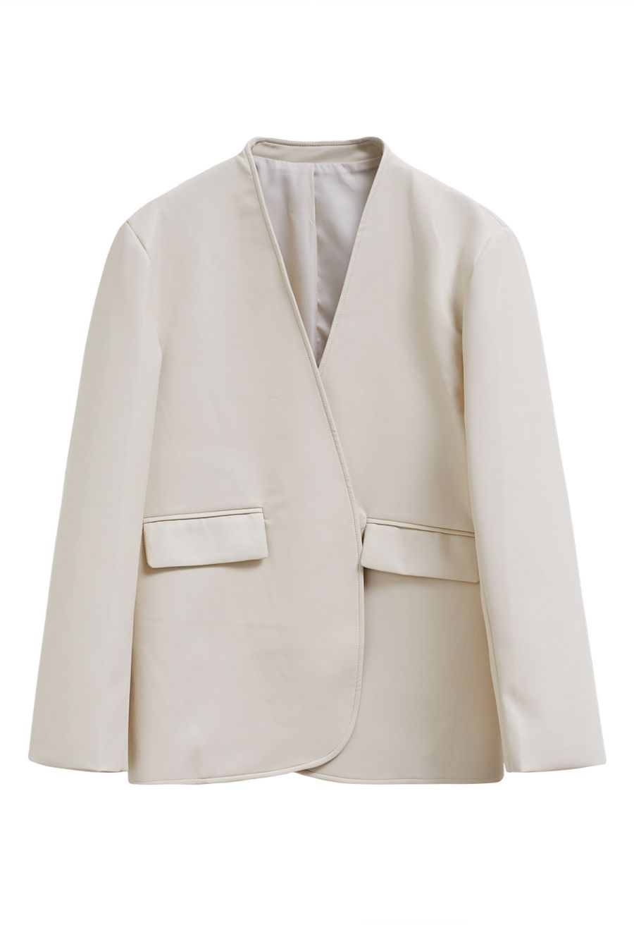 Simplicity Collarless Faux Leather Jacket in Ivory