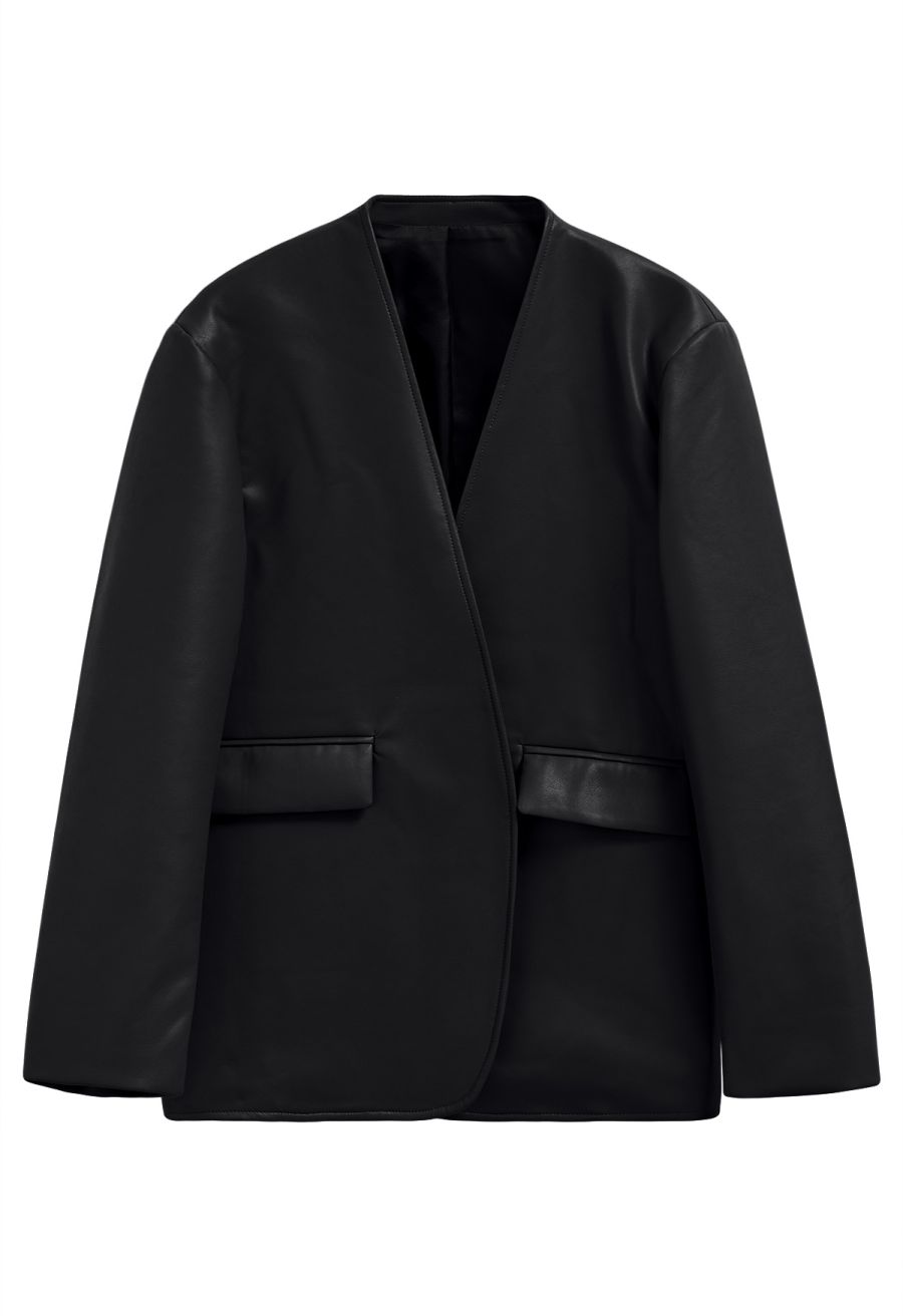 Simplicity Collarless Faux Leather Jacket in Black