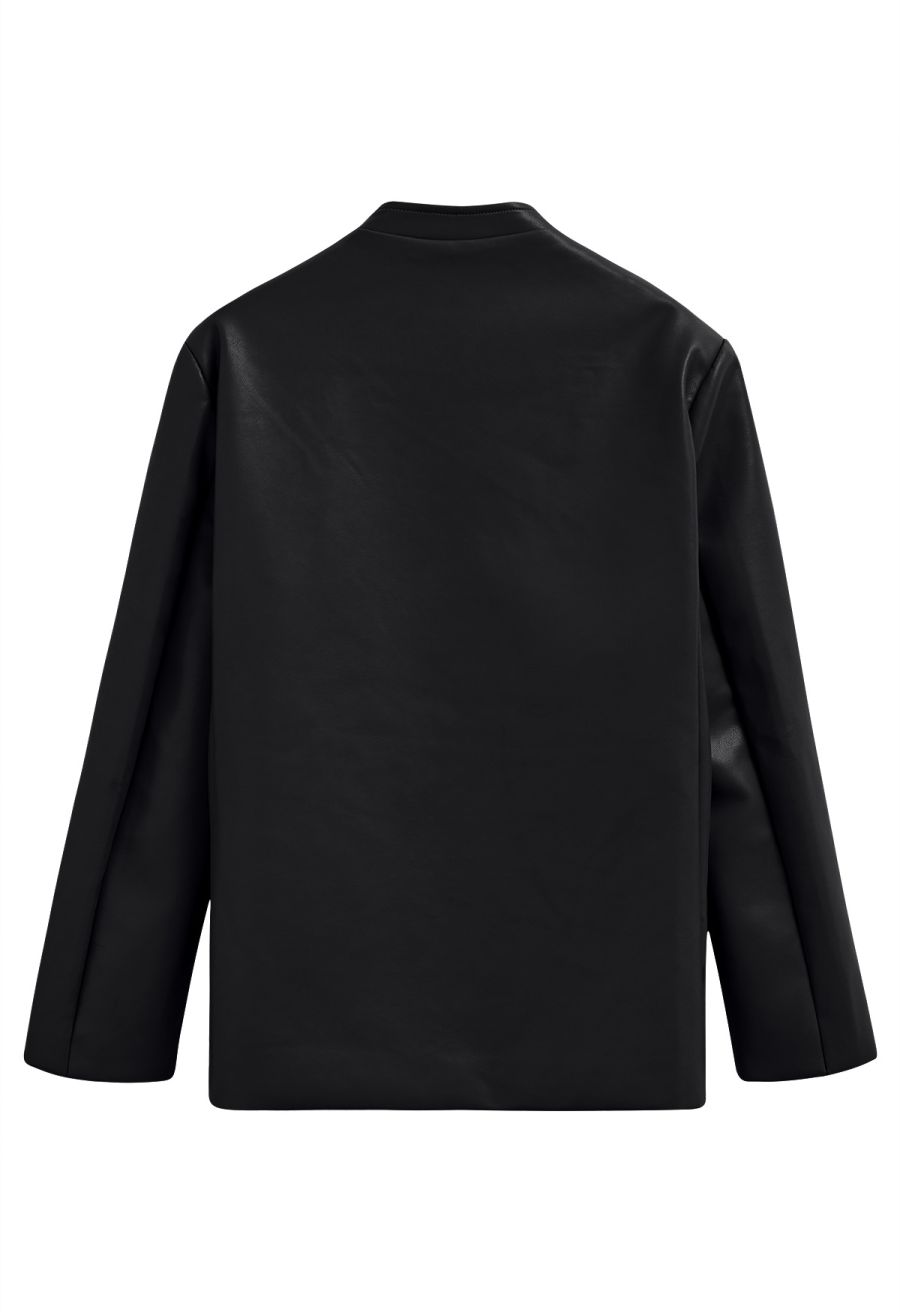 Simplicity Collarless Faux Leather Jacket in Black