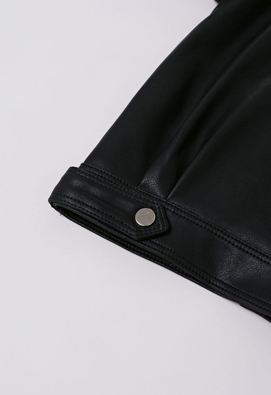 Diagonal Zip Up Faux Leather Jacket in Black