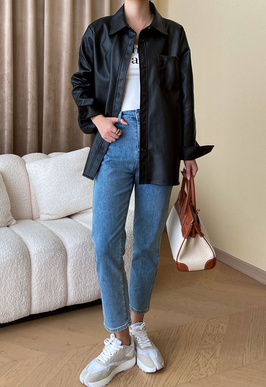 Casual Chic Faux Leather Shirt Jacket in Black