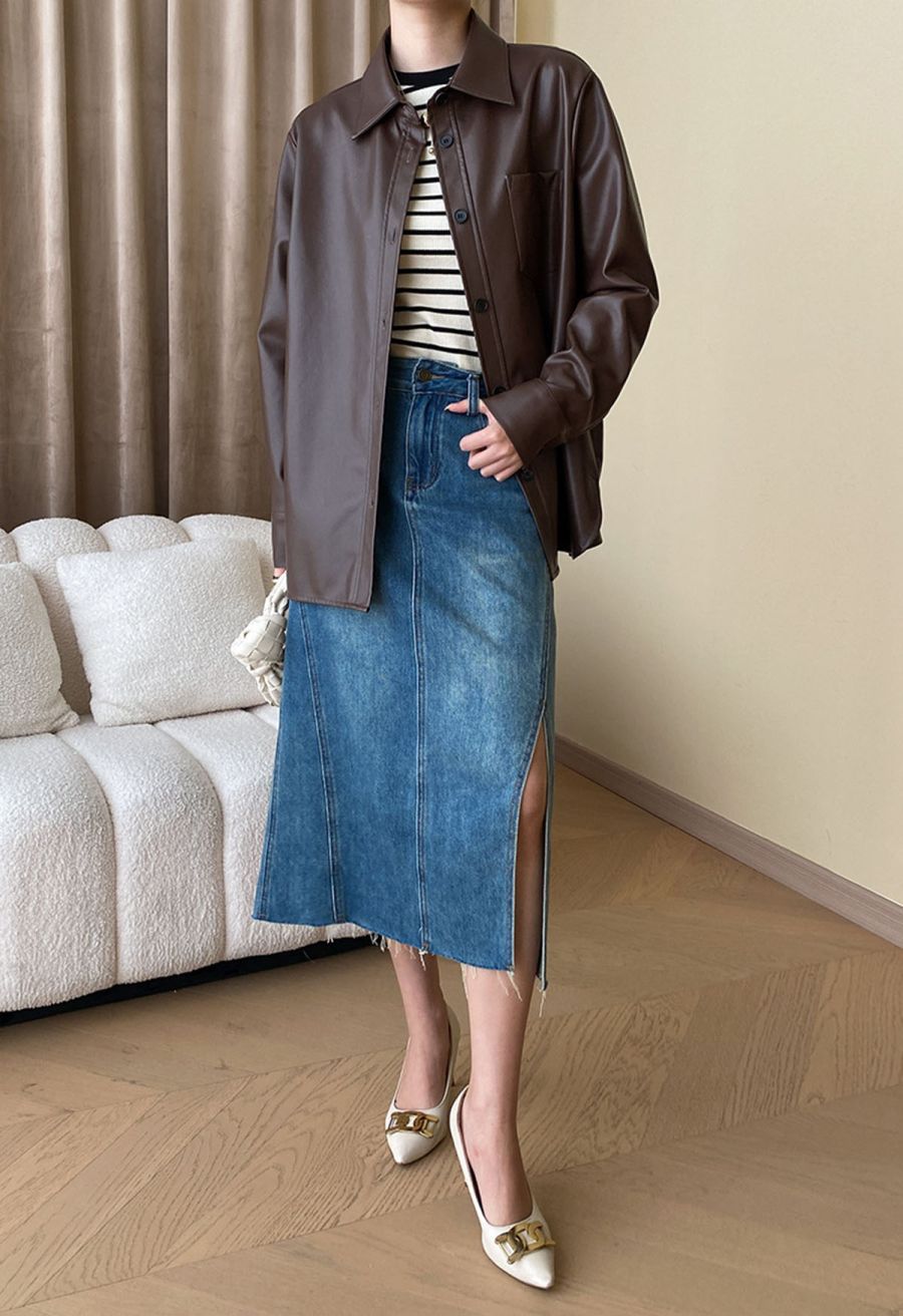 Casual Chic Faux Leather Shirt Jacket in Brown