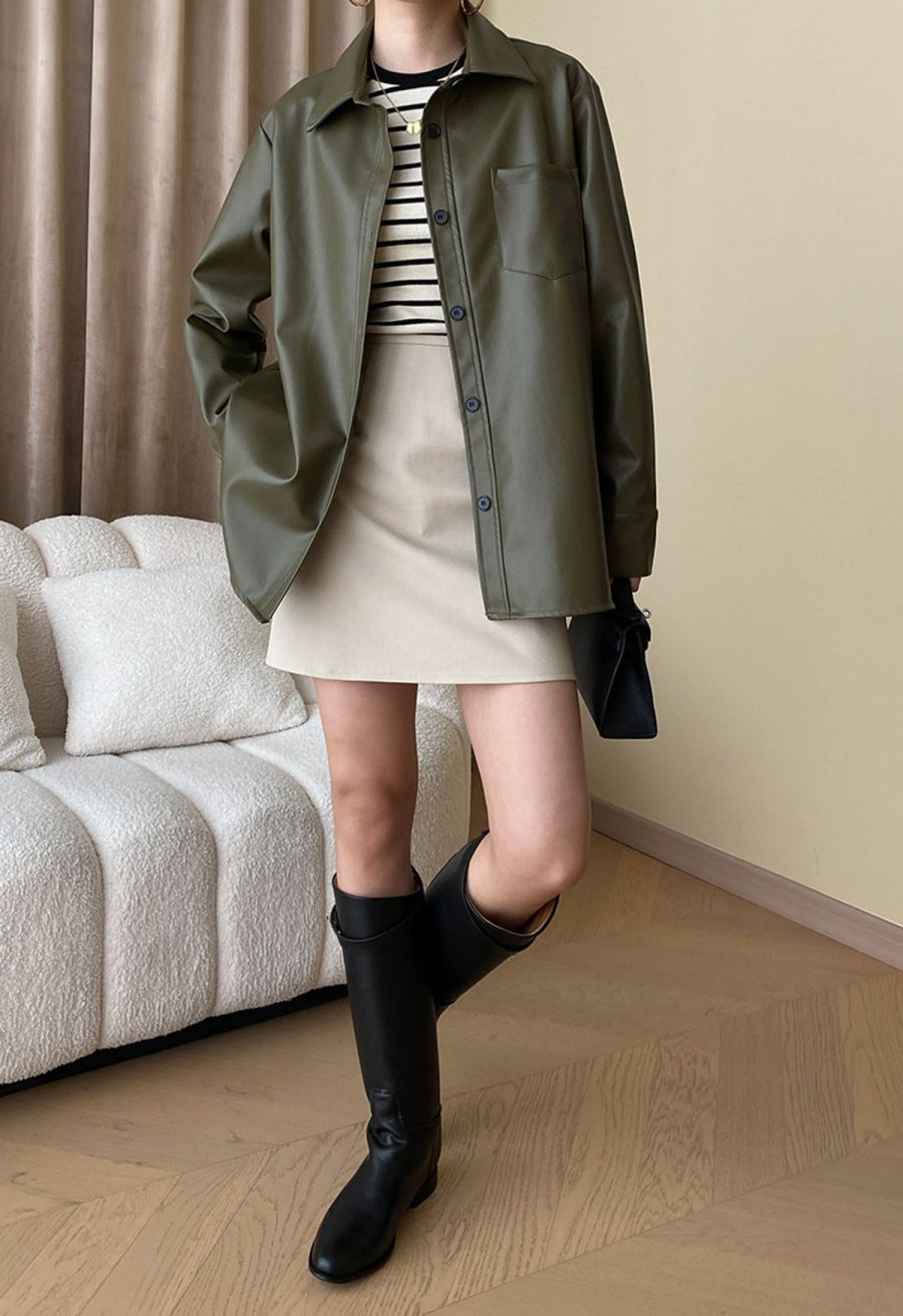 Casual Chic Faux Leather Shirt Jacket in Olive