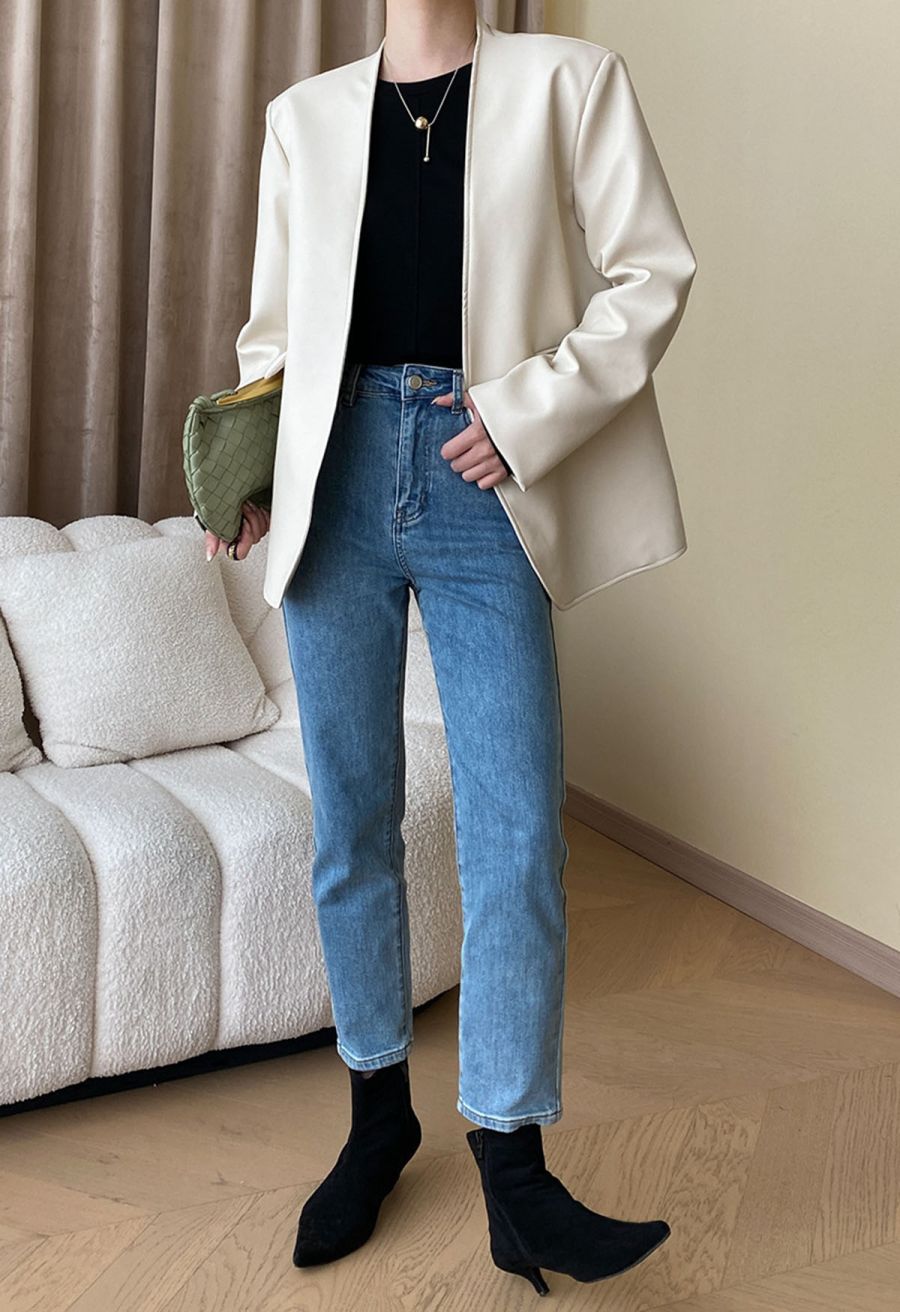 Simplicity Collarless Faux Leather Jacket in Ivory