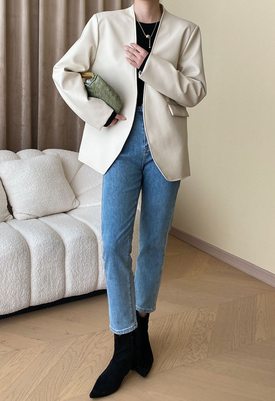 Simplicity Collarless Faux Leather Jacket in Ivory