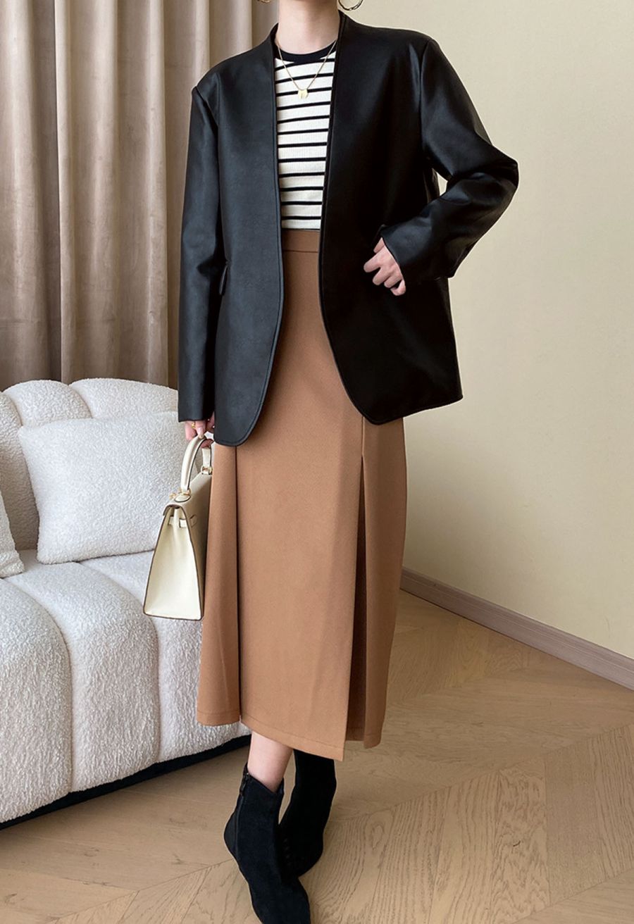 Simplicity Collarless Faux Leather Jacket in Black