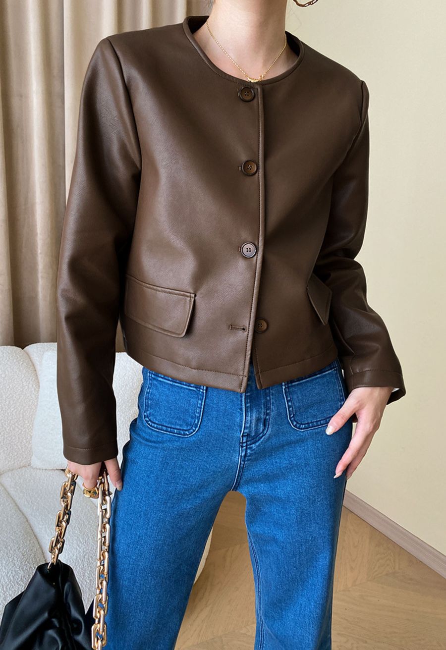 Faux Leather Buttoned Cropped Jacket in Brown