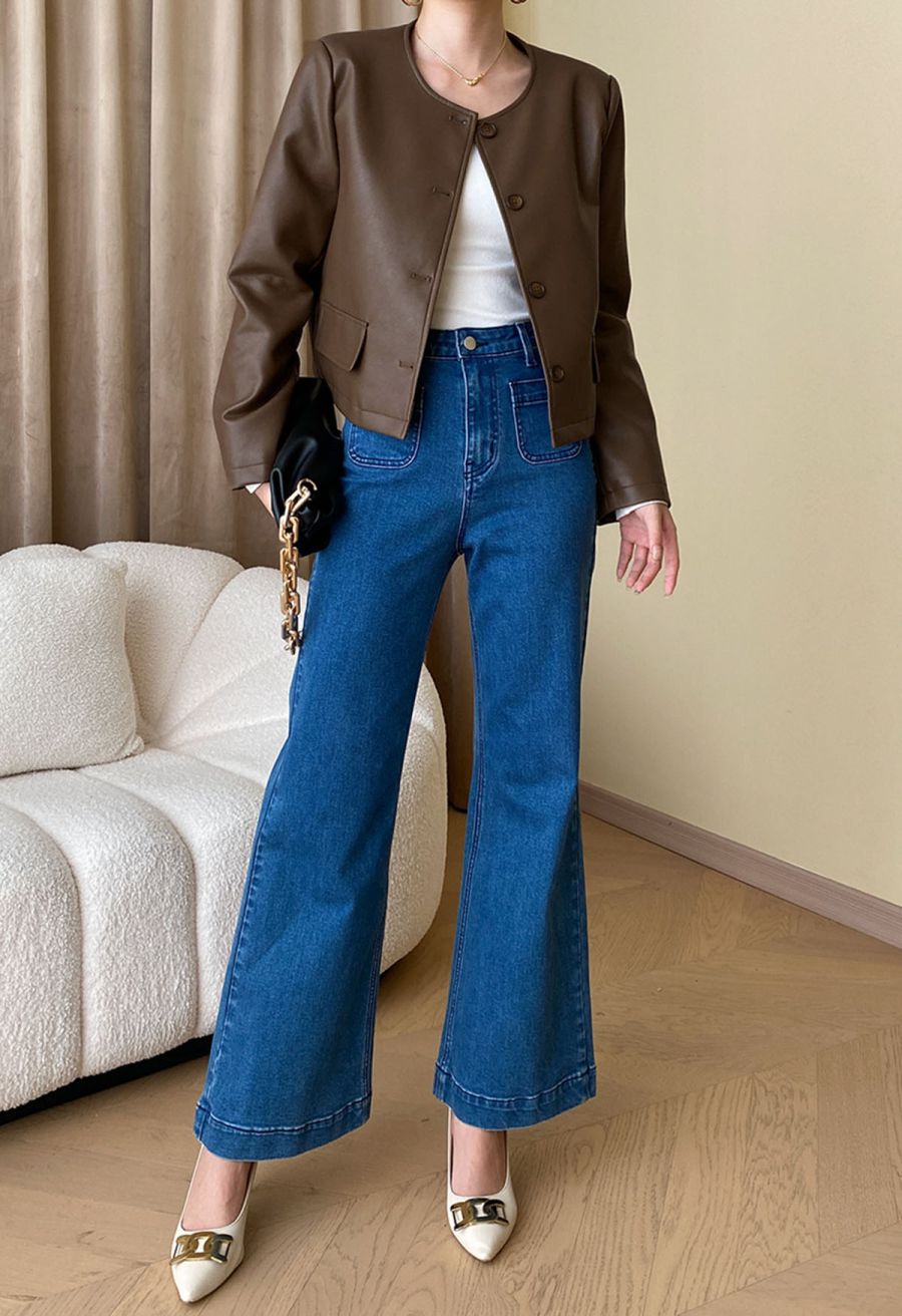 Faux Leather Buttoned Cropped Jacket in Brown
