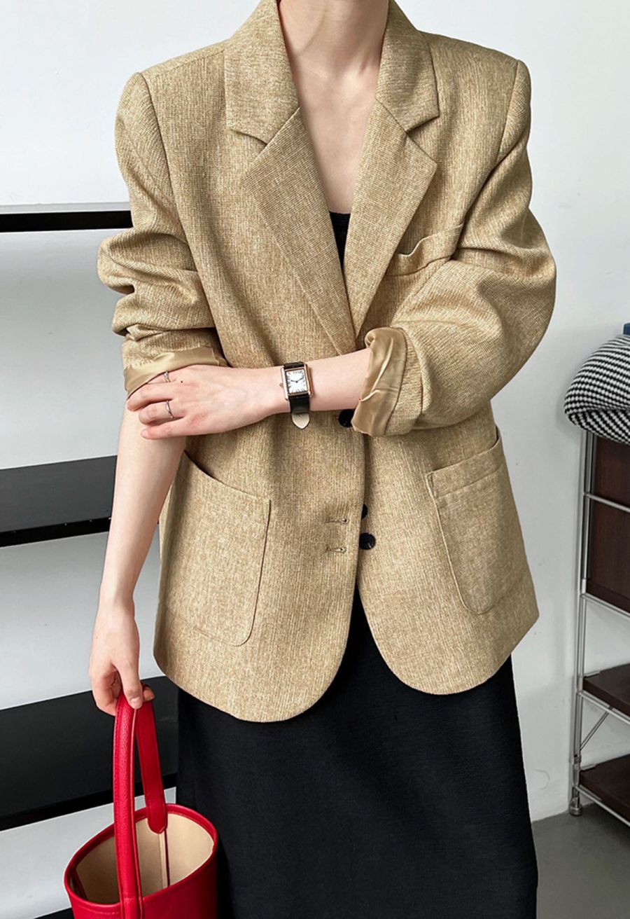 Patch Pocket Woven Texture Buttoned Blazer in Mustard